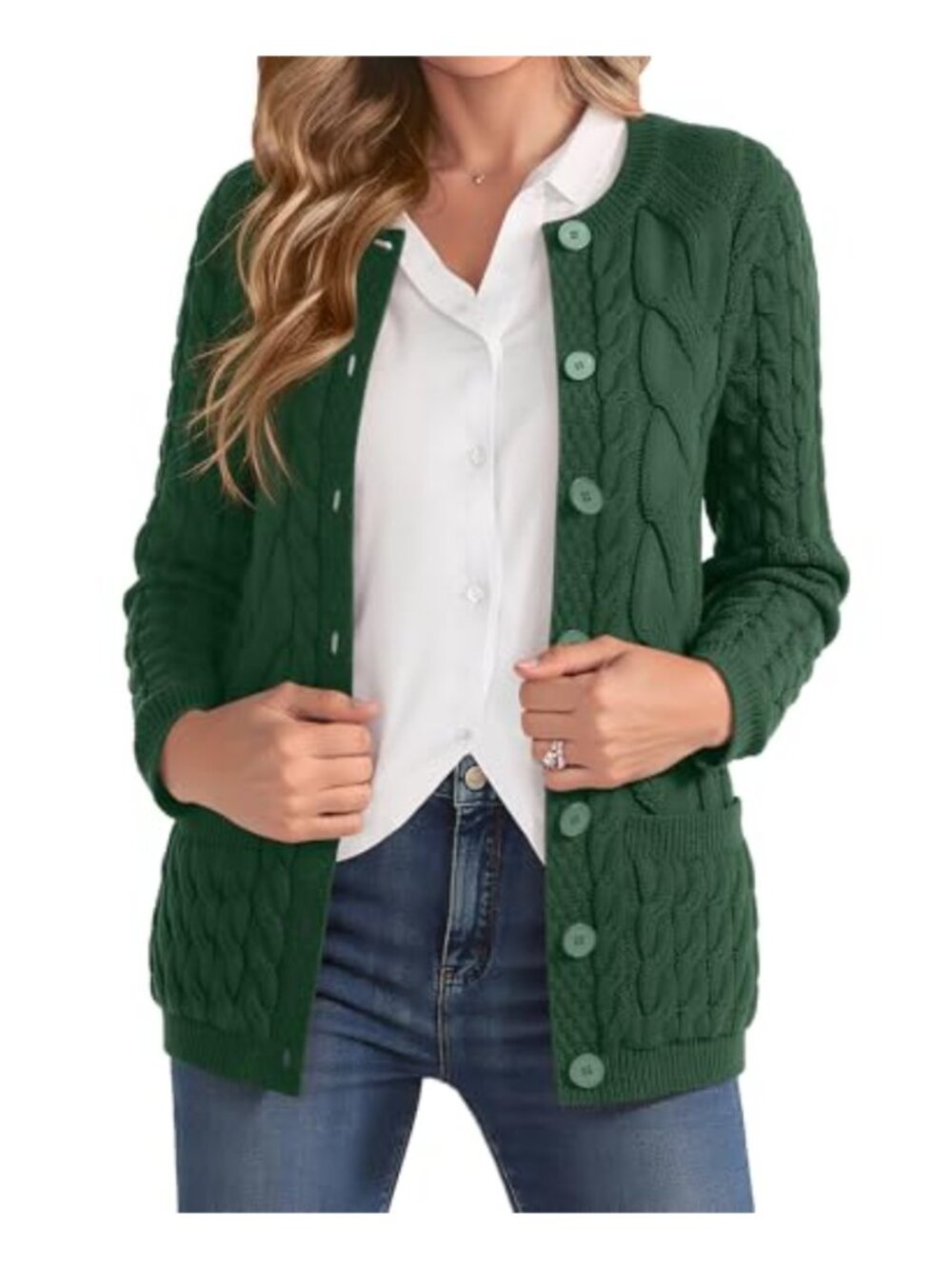 Cable Knit Cardigan Sweater Crew Neck Button Up with Pockets Fall Winter